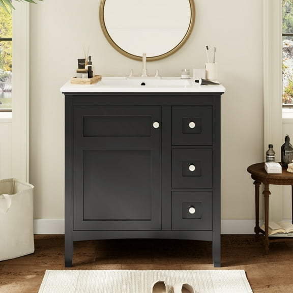 30 Inch Bathroom Vanity with Ceramic Sink, Black Bathroom with 3 Drawers, Solid Wood Frame Modern Bathroom Storage Cabinet , Ideal for Home
