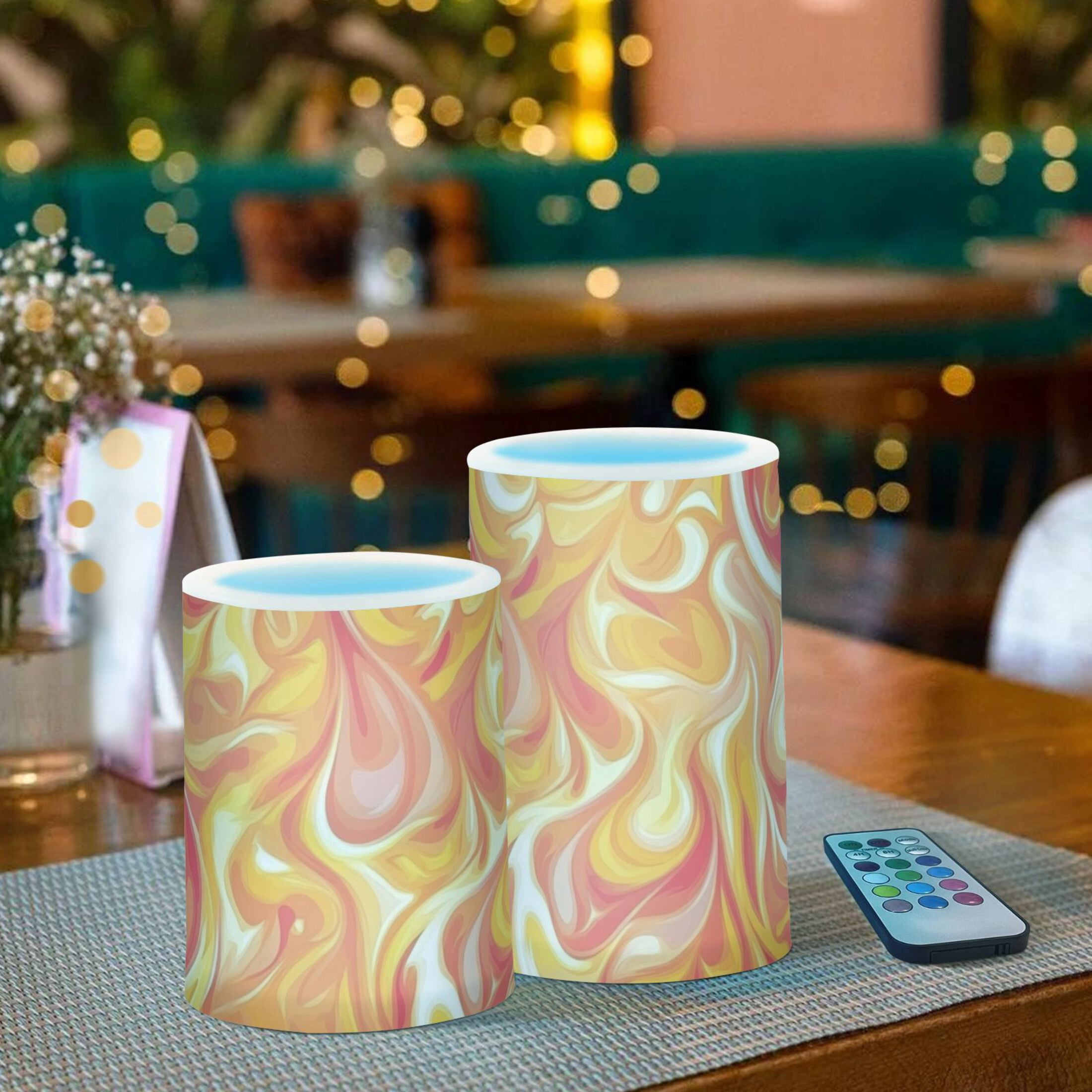 Orange Blaze Print Flickering Flameless Candles Battery Operated with Remote Timer LED Pillar Candles Set of 2