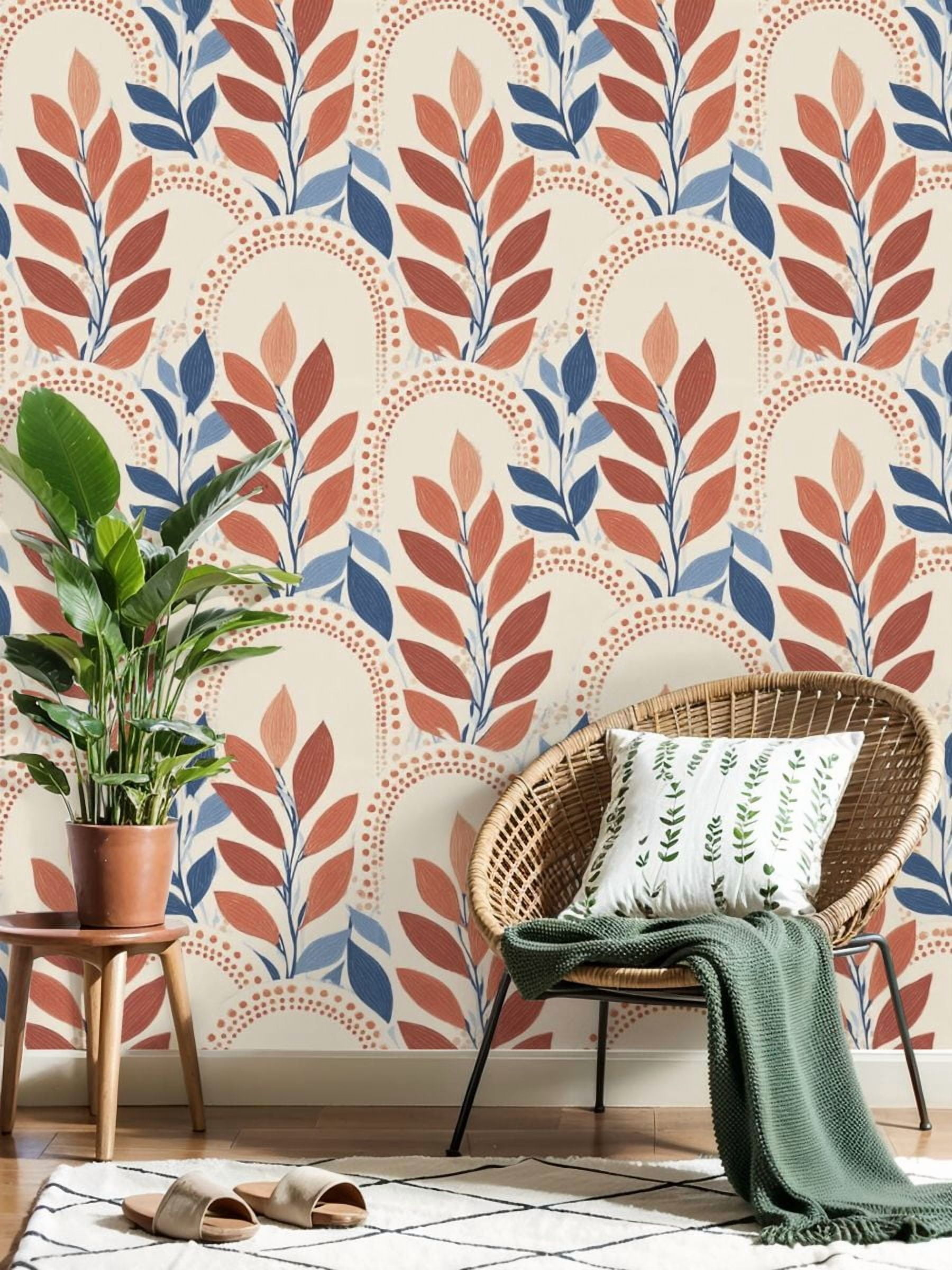 Peel and Stick Wallpaper 17.7in x 9.8ft Abstract Floral Terracotta Blue Leaves Beige Contact Paper Vinyl Self-Adhesive Removable Wall Paper for Bedroom Nursery Bathroom Renter Friendly