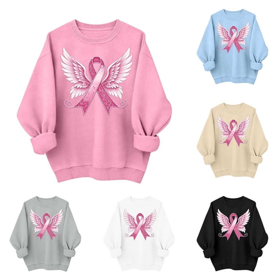 Frostluinai Women's Crewneck Sweatshirts Pink Ribbon Print Breast Cancer Survivor Pullover Long Sleeve Inspirational Awareness Gift Tops S-2XL