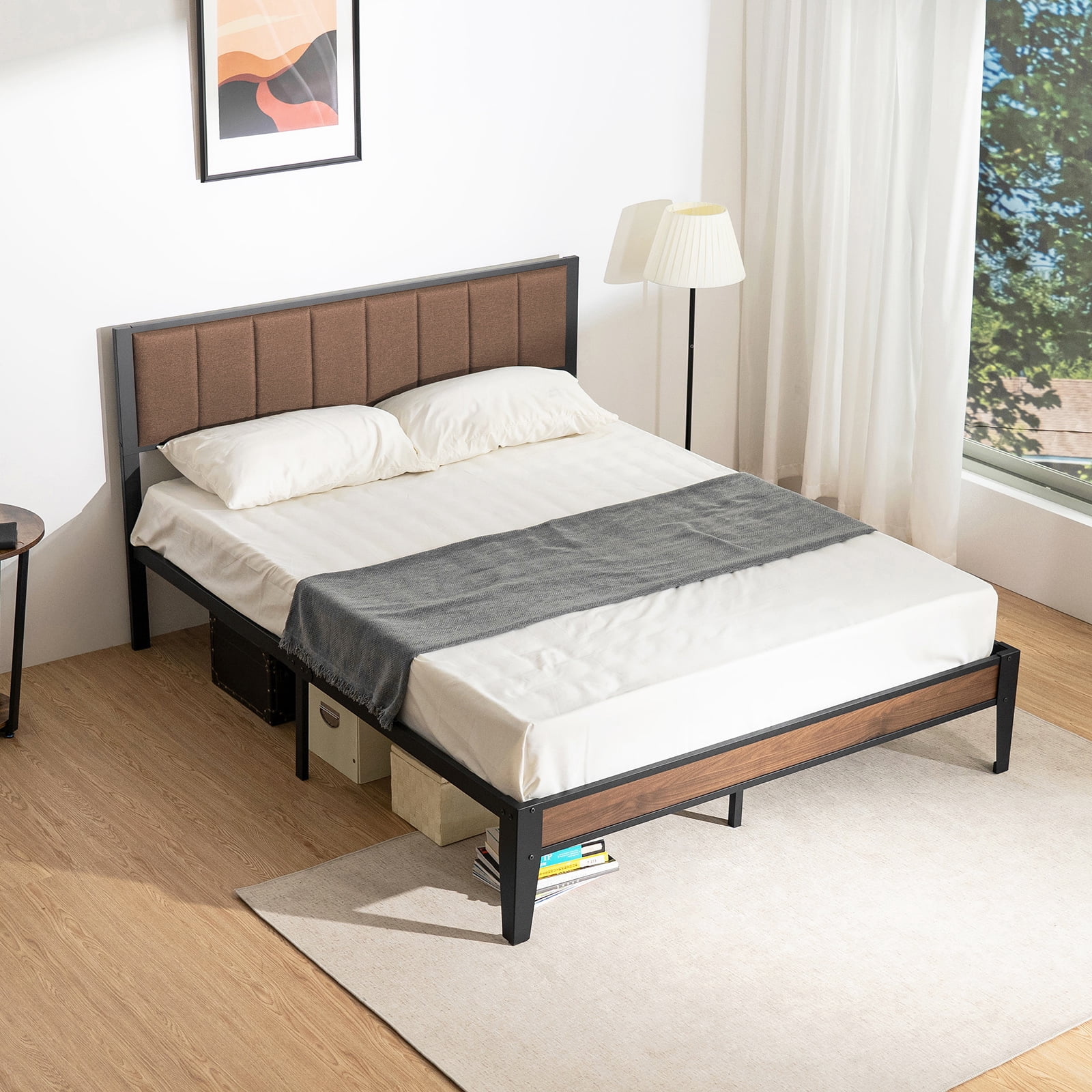 Lusimo Queen Bed Frame with Fabric Upholstered Headboard Metal Platform Bed No Box Spring Needed, Brown