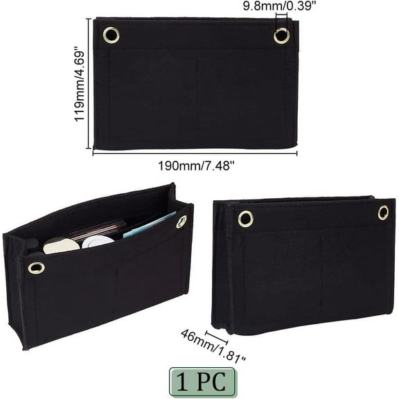 Felt Purse Organizer Insert Small Tote Handbag Shaper Toiletry Pouch Organizer Insert Liner with Eyelet Bag in Bag Multi-pocket Inside Storage Tidy Purse Conversion 7.5x1.8x4.7 Inch Black