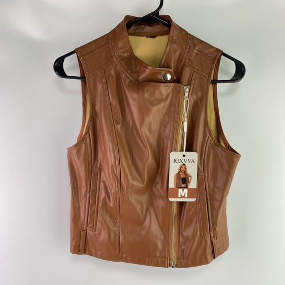 RIXVVA Gilets,Women's Metallic Faux Leather Vest Lapel Collar Zip Sleeveless Cropped Jacket （M）