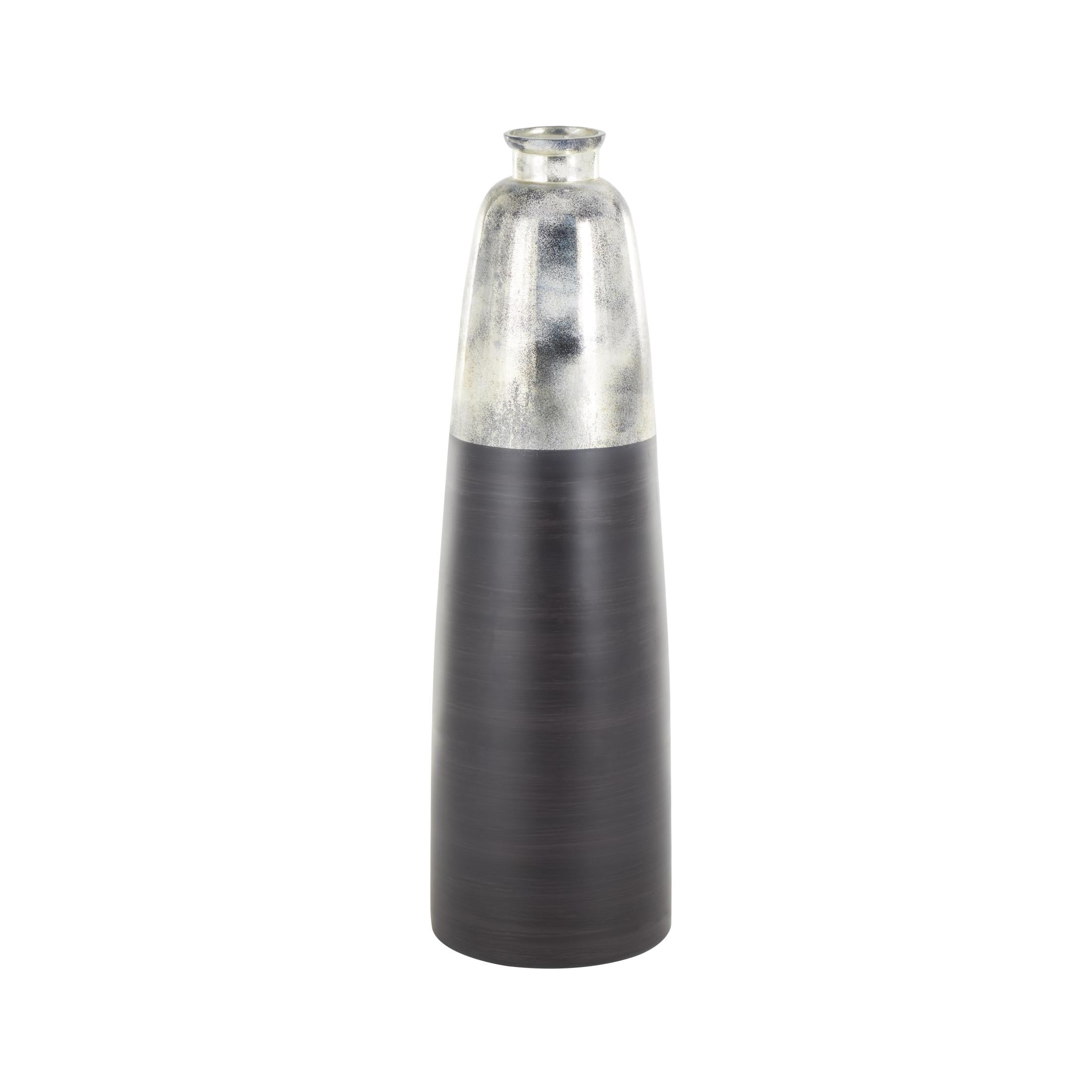 DecMode 34" Tall Brushed Two-Toned Floor Black Glass Vase with Textured Silver Top
