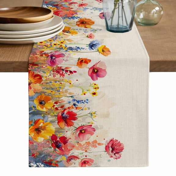 Pastoral Botanical Table Runner, Watercolor Spring Summer Flowers Rustic Cotton Linen Table Runners 108 Inches Long, Dresser Scarf Runner for Dining/Living Room/Kitchen/Square Tables 13''x108''