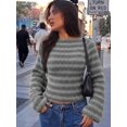 thumbnail image 2 of Women Boat Neck Striped Long Sleeve Sweater, Slim Fit Flare Cuff Knit Top for Autumn Daily Dating Outfits, 2 of 9