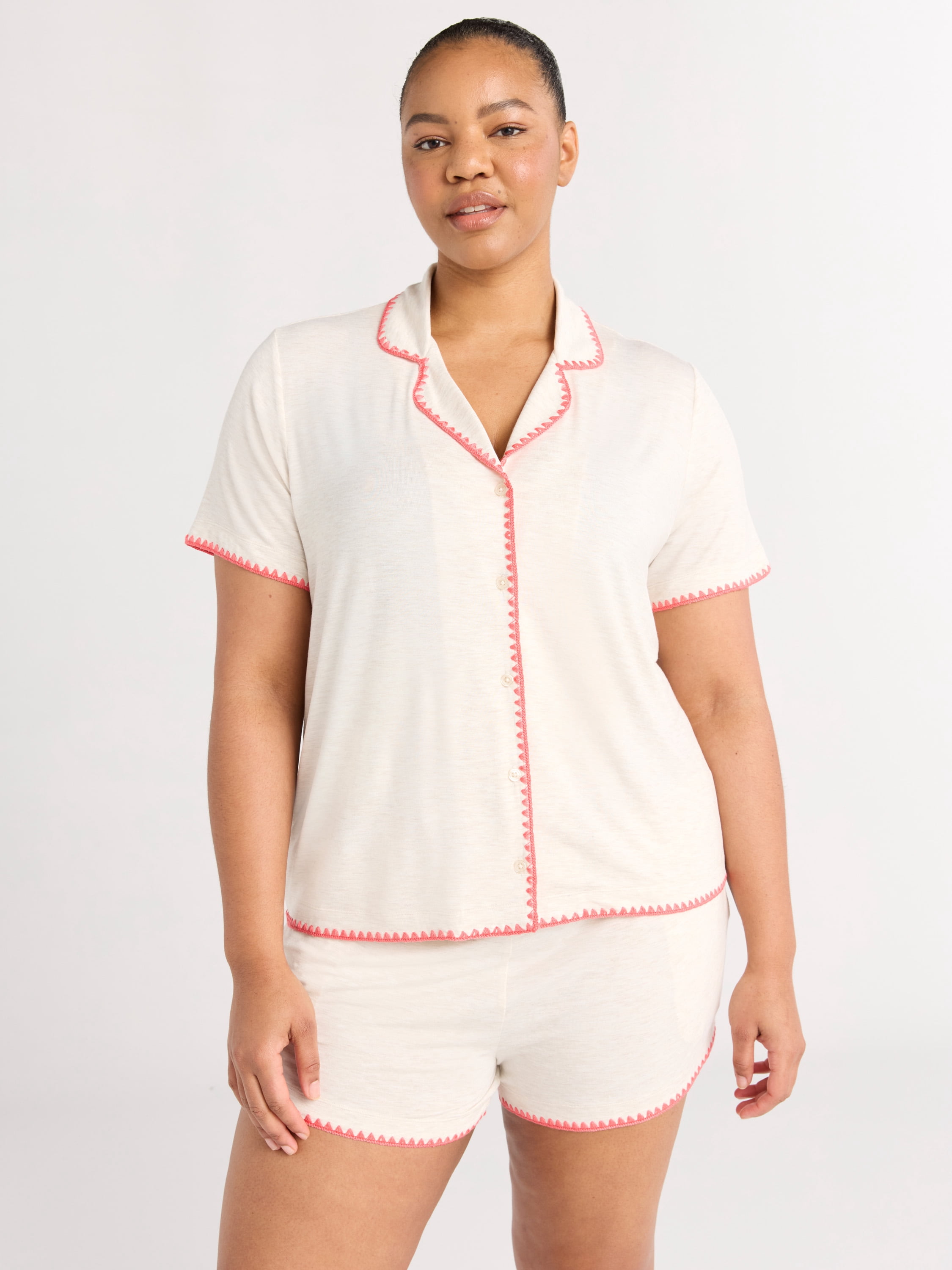 Joyspun Women’s Short Sleeve Notch Top and Shorts Pajama Set with Blanket Stitching, Sizes XS-3X