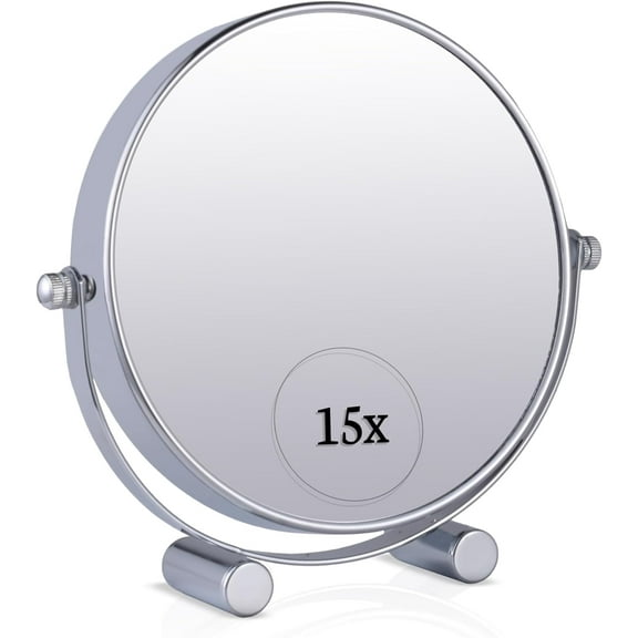 MIRRORVANA Small 15X Magnifying Tabletop Mirror for Makeup - Double Sided 15x and 1x Portable Make Up Mirror for Desk, Dressing Table and Retail Store - 6" Wide & 6.7" Tall (Chrome)