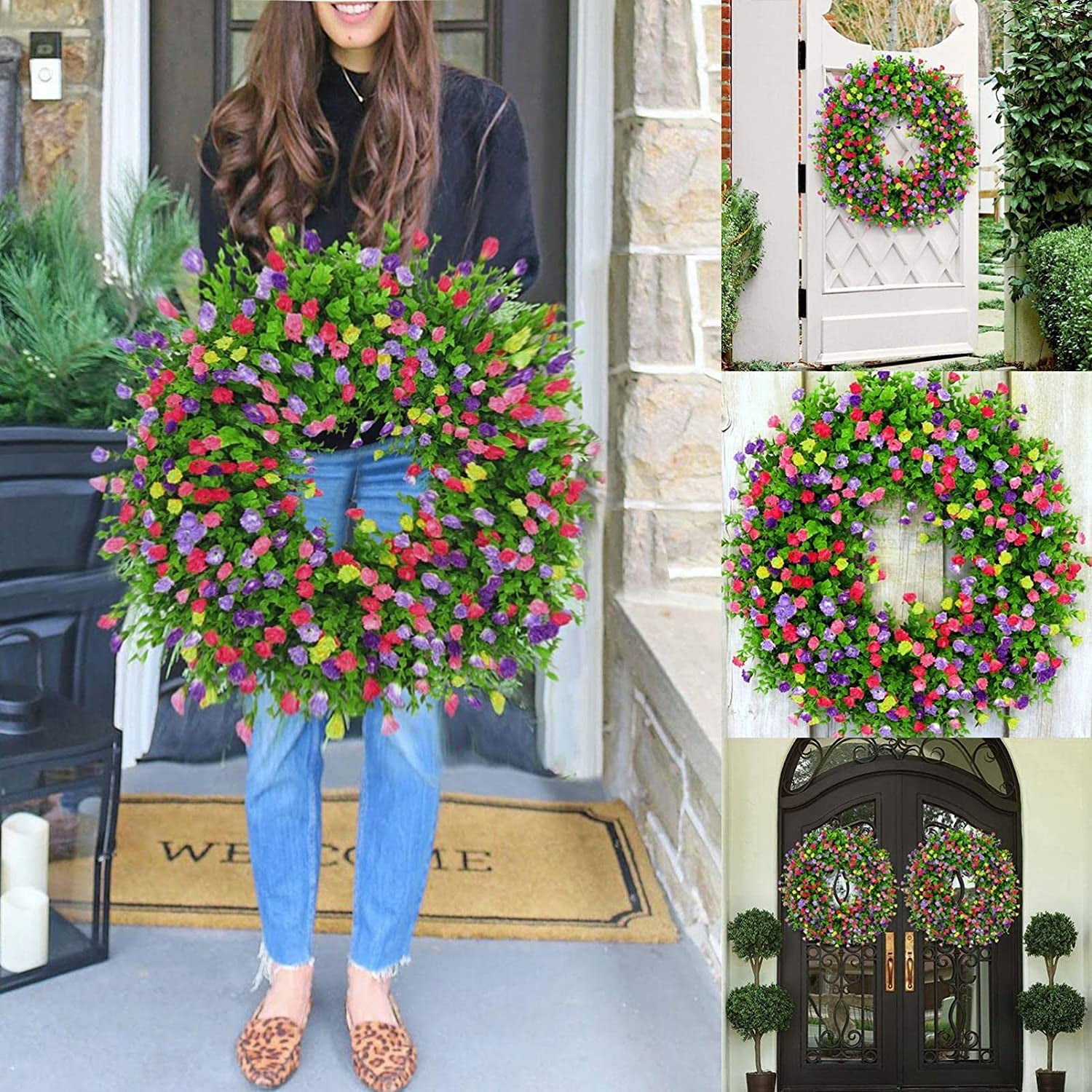 Handmade Rattan Artificial Flower Wreath Front Door Wreath Spring Summer Decor 
