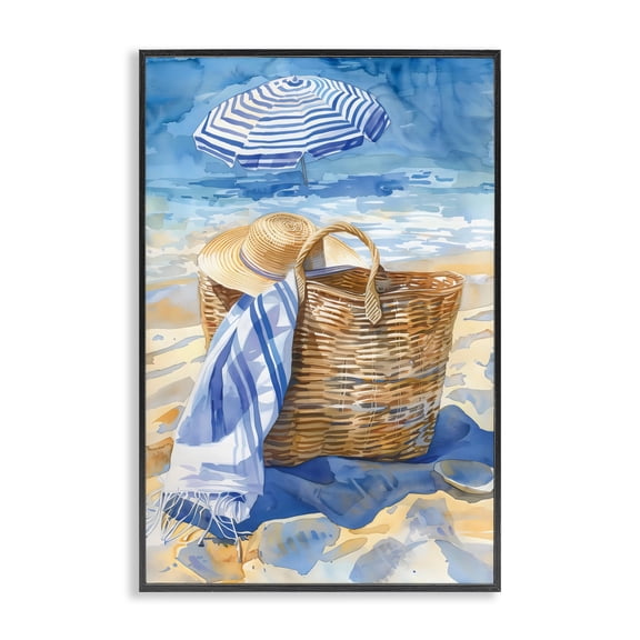 Stupell Industries Shabby Chic Beach Basket Essentials Black Framed Giclee Art, 12 x 18, by LSR Design Studio