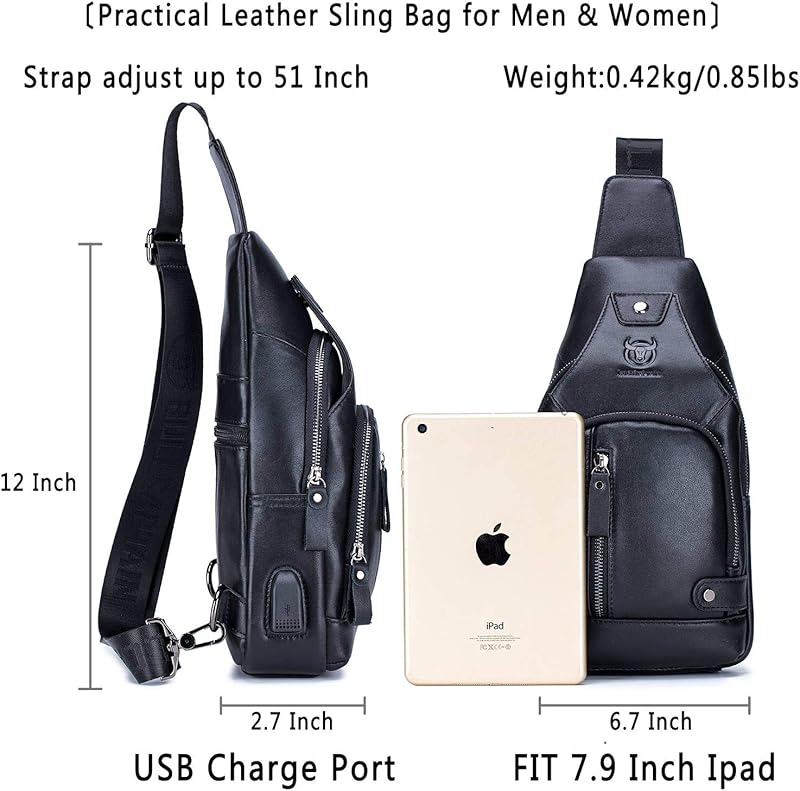 BULLCAPTAIN Leather Sling Bag Men's Casual Shoulder Crossbody Bag, Black