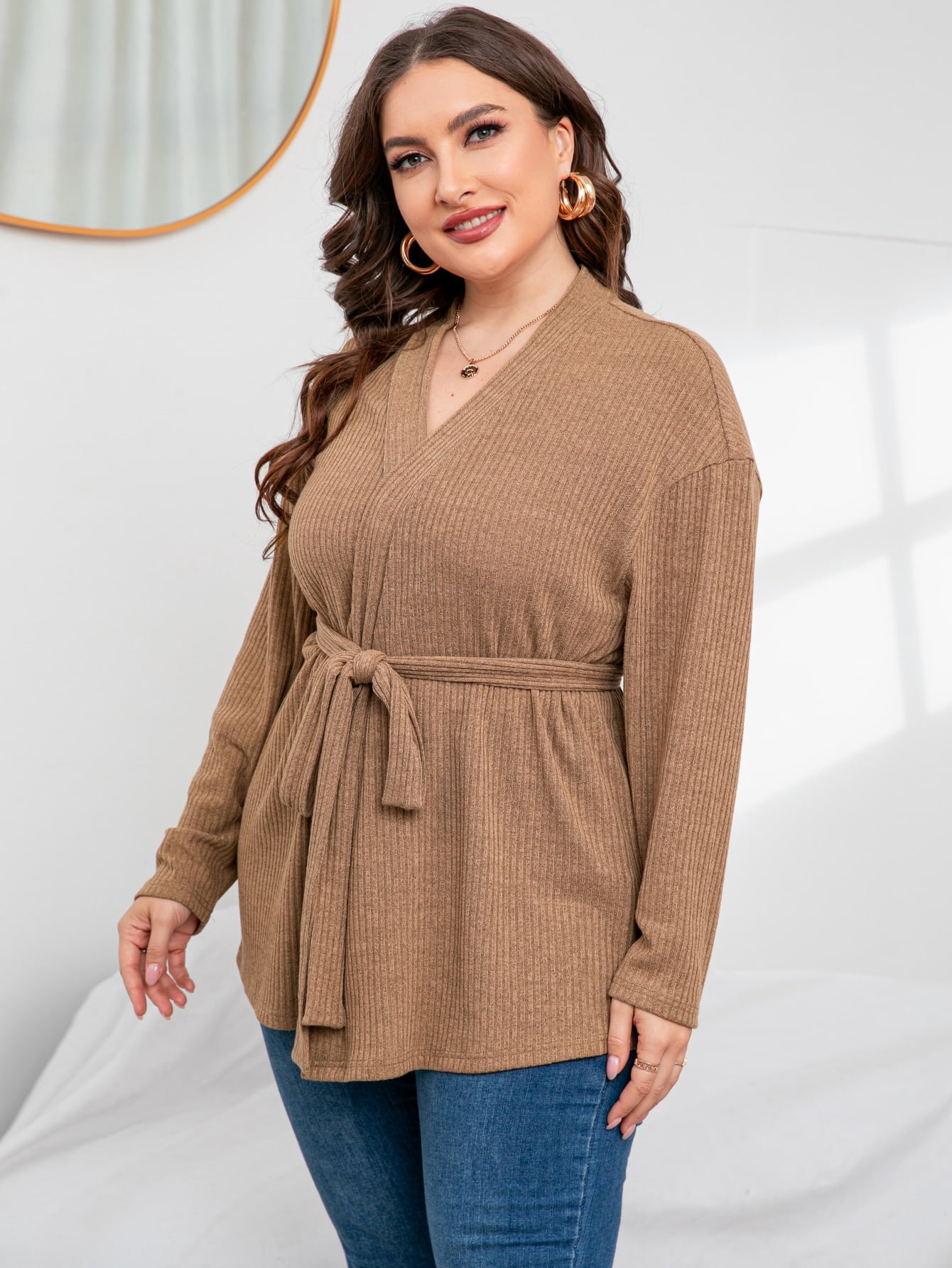 Women's Plus Drop Shoulder Belted Coat 