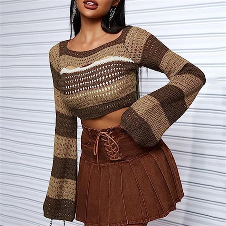 トップス Todayful Crochet Over Shirts brown Womens Crochet Knitted Crop Top Pullover Sweater Long Sleeve