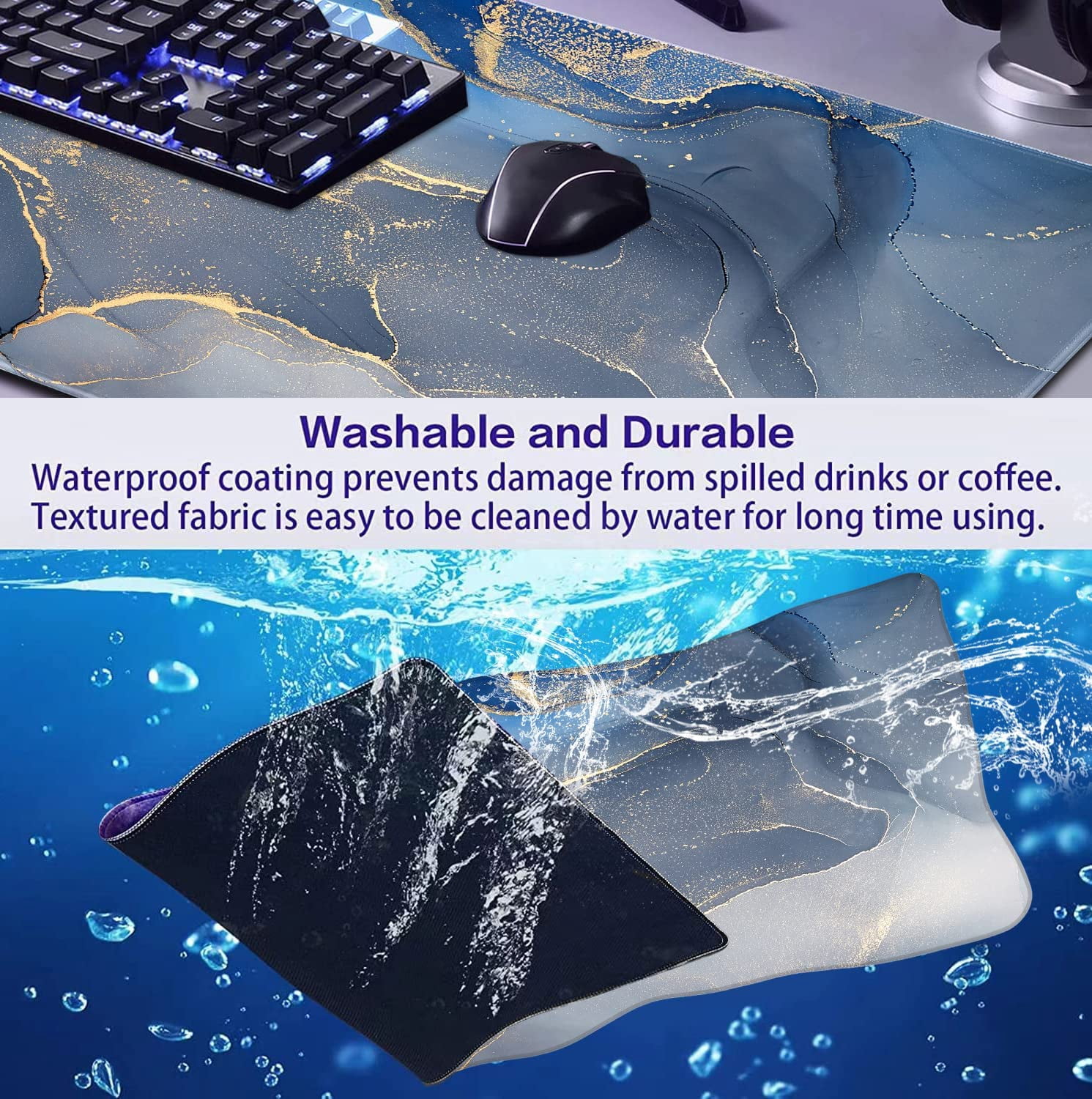 Large Extended Gaming Mouse Pad with Stitched Edges, Non-Slip Waterproof Rubber Base Mouse Pad for Office, Computer, Keyboard, Laptop and Home Desk Pad 35.4 x 15.7 x 0.12 Inch (Grey Blue Marble)