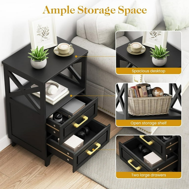 CozyHome Tall Nightstand Set of 2 Side Table with 2 Drawers and Open Shelf Below Bedside Table with Solid Feet Modern Night Stand End Table for