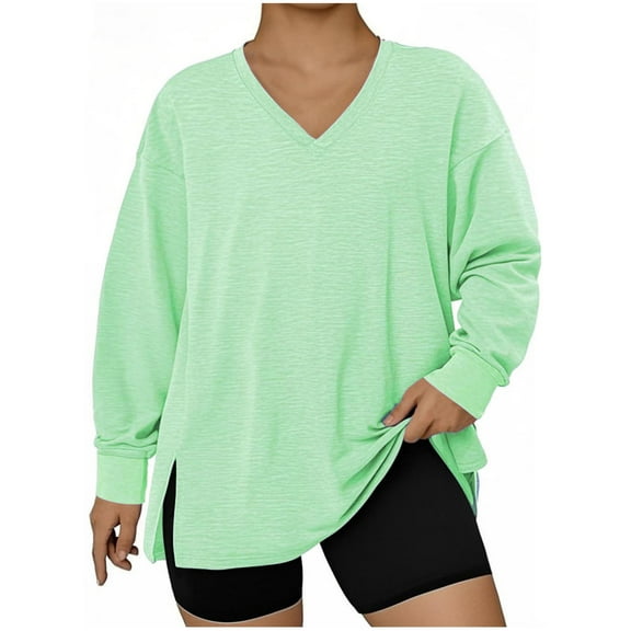 Htigea Plus Size Sweatshirts for Women V Neck Long Sleeve Pullover Side Split Tops Lightweight Breathable Fall Clothes Green L