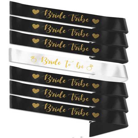 7 Piece Bachelorette Party Bride to Be and Brides Maid Sash Set - Black and White | Set of 7-1 Bride to Be Sash (White) & 6 Bride Tribe Sash (Black) - Now with Bonus Tattoos