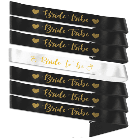 7 Piece Bachelorette Party Bride to Be and Brides Maid Sash Set - Black and White | Set of 7-1 Bride to Be Sash (White) & 6 Bride Tribe Sash (Black) - Now with Bonus Tattoos