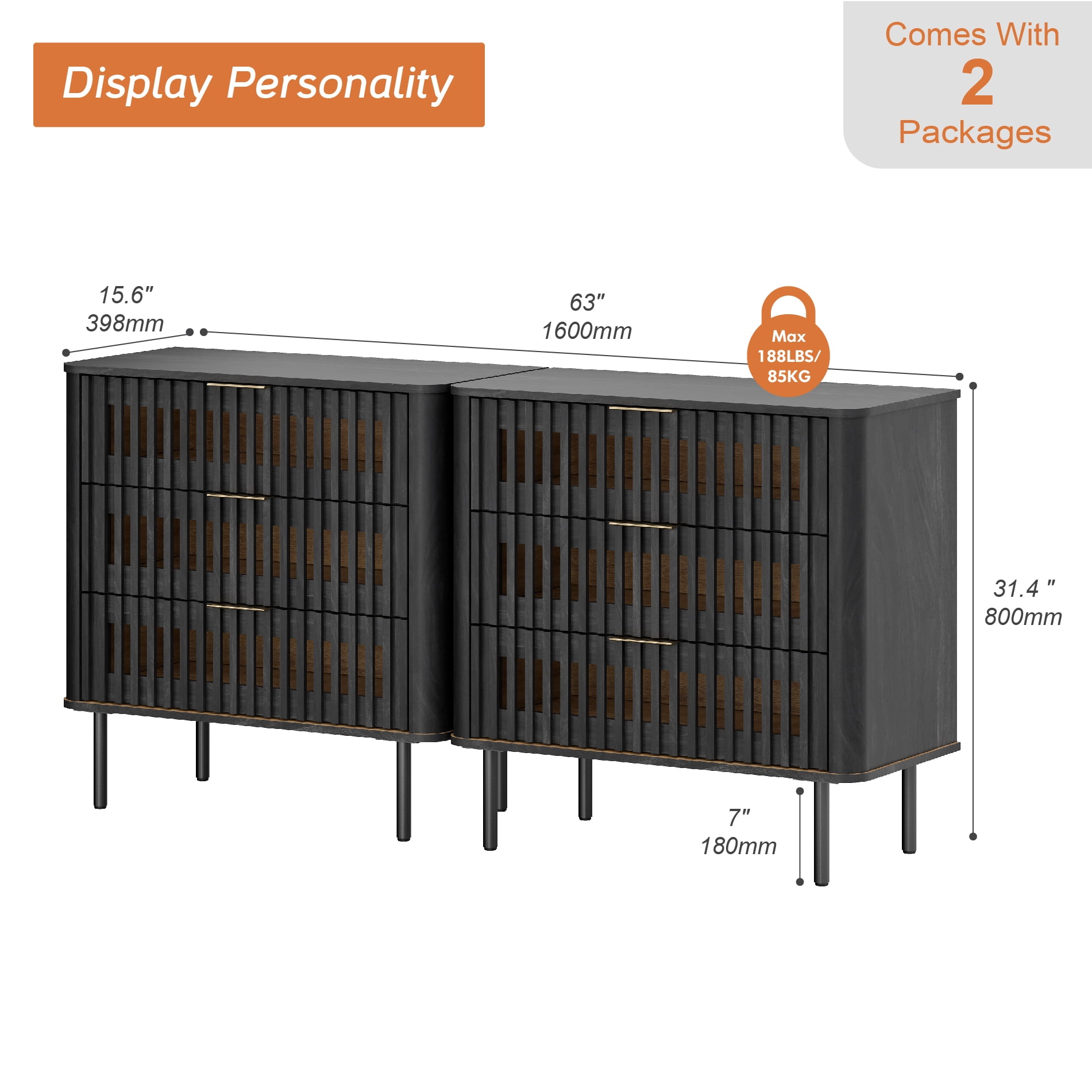 63"W Sideboard Buffet Cabinet with Storage, Fluted Kitchen Buffet Storage Cabinet with 6 Drawer, Large Coffee Bar Cabinet, Modern Buffet Table for Dining Living Room, Black