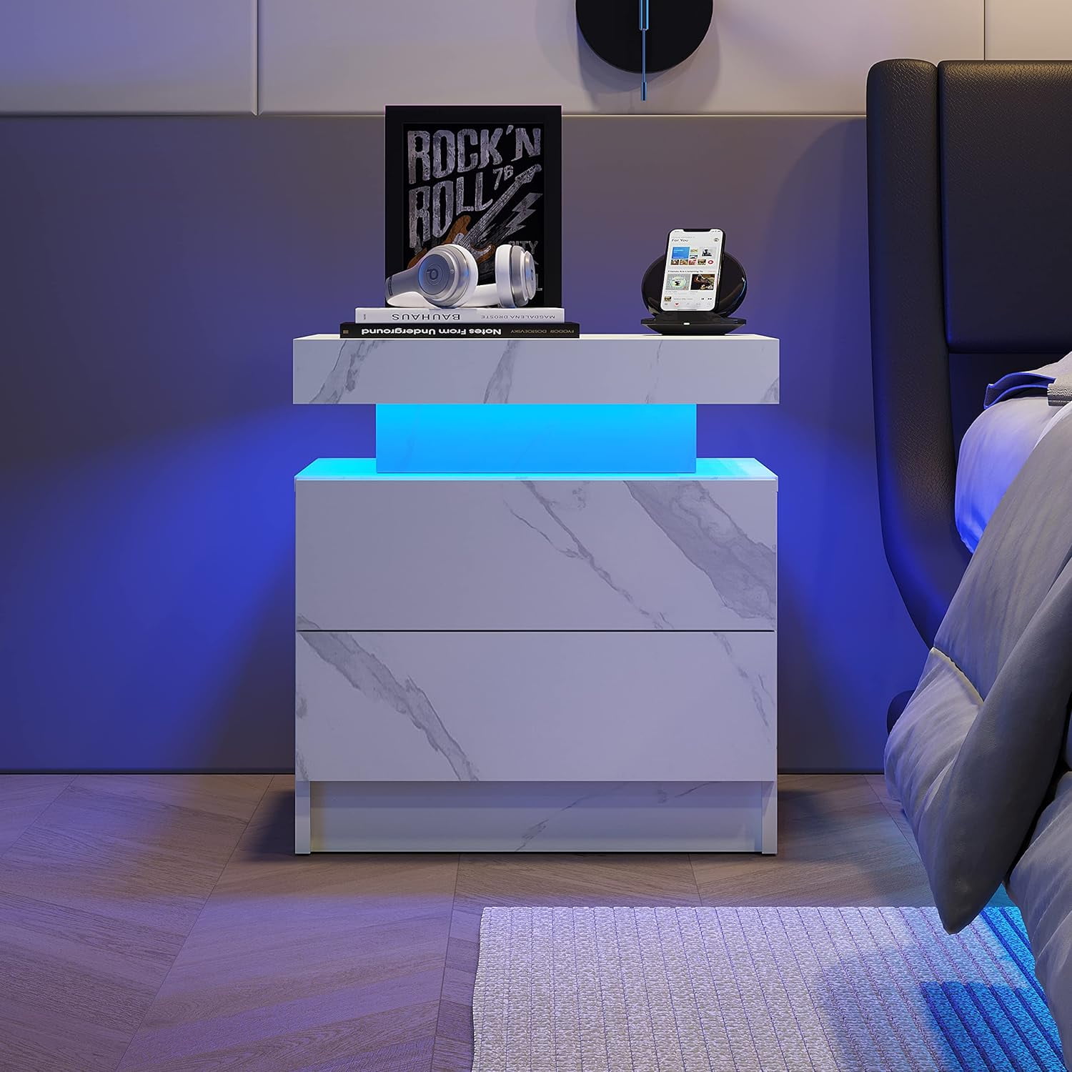 Aukfa Modern LED Nightstand Bedside Table End Side with 2 Drawers for Bedroom,White Stone