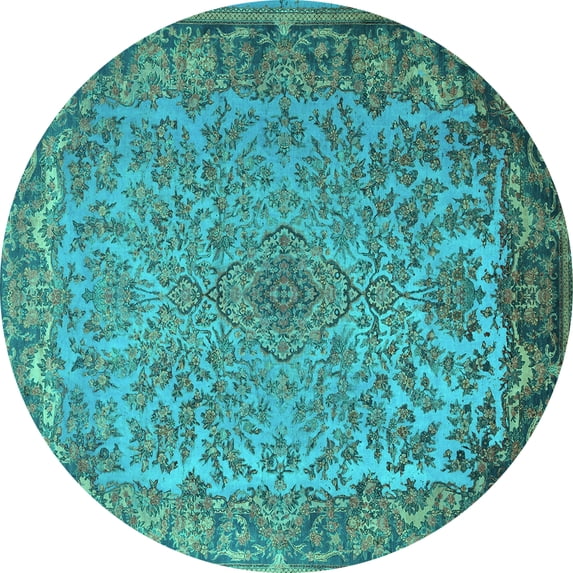 Ahgly Company Machine Washable Indoor Round Medallion Turquoise Blue Traditional Area Rugs, 3' Round