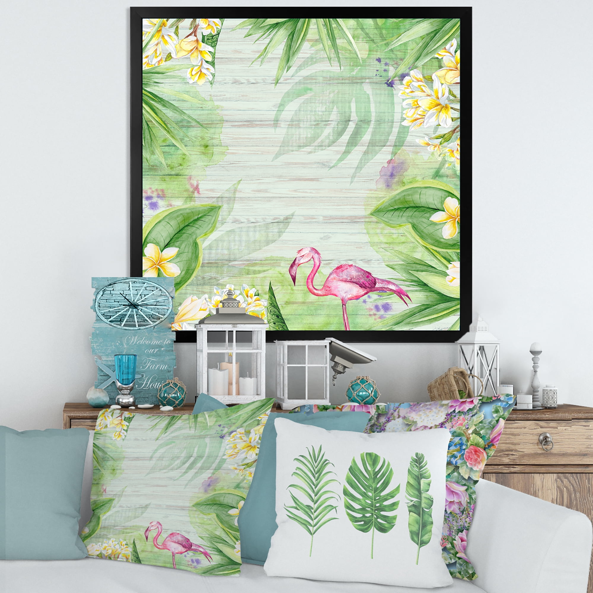Designart 'Yellow Flowers, Tropical Foliage With Flamingo I' Modern Framed Art Print