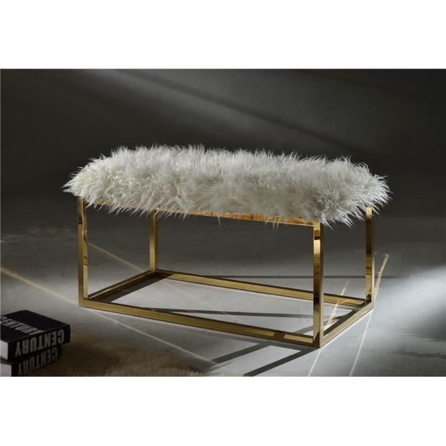 JGW Furniture US 6137White Polar Bear Faux Fur Bench with Gold Metal