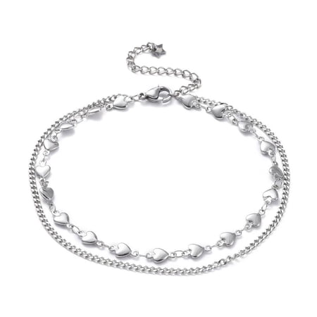 304 Stainless Steel Multi-Strand Anklet Bracelet Lobster Heart Silver 9.2" Z9