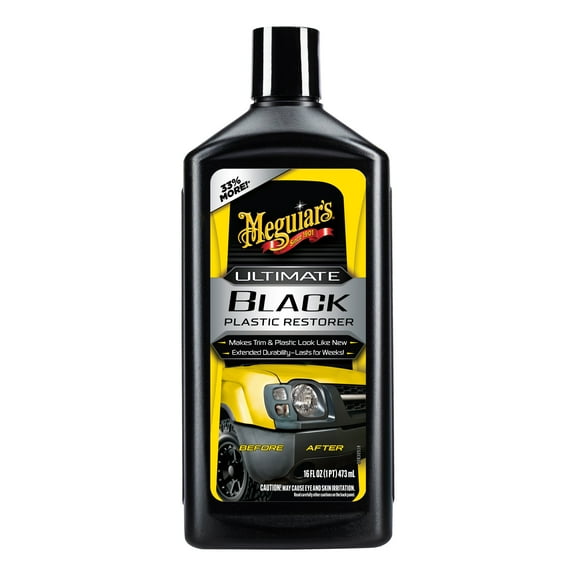 Meguiar’s Ultimate Black Plastic Restorer – Long-Lasting Car Trim Restorer for Exterior Plastic, Vinyl & Rubber – Premium Plastic Restorer for Cars with Faded Black Trim, Leaves a Dark Shine, 16 oz