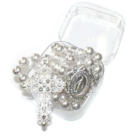 - Bridal Silver Pearl Rosary - 14mm Pearl beads Rosary with Silver chain, Cross & Center. Swarovski beads are used in this