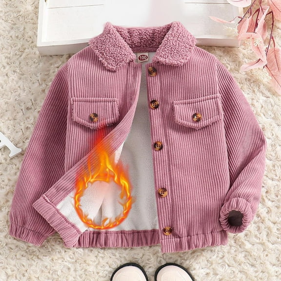 AINIYS Little Corduroy Jacket for Kids Boys Girls Winter Warm Fleece Lined Coat Sherpa Lapel Button Down Solid Outwear Pink 7 Years