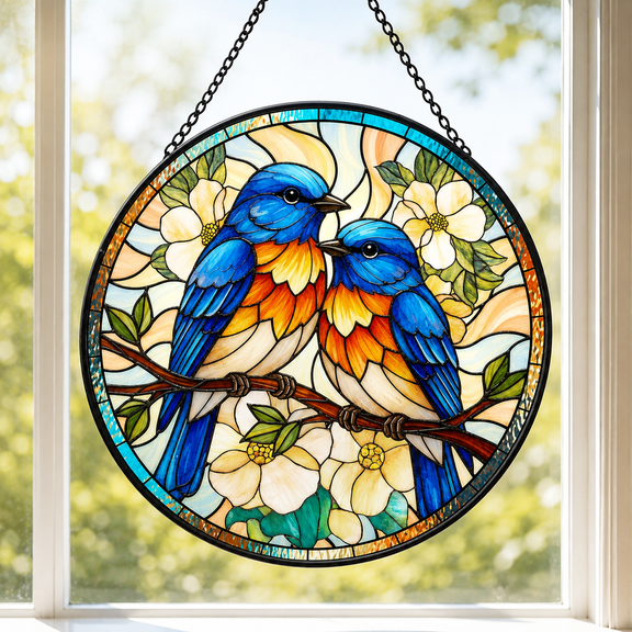 Bluebird Stained Glass Suncatcher, Bird Couple Window Hanging Décor (3.94")