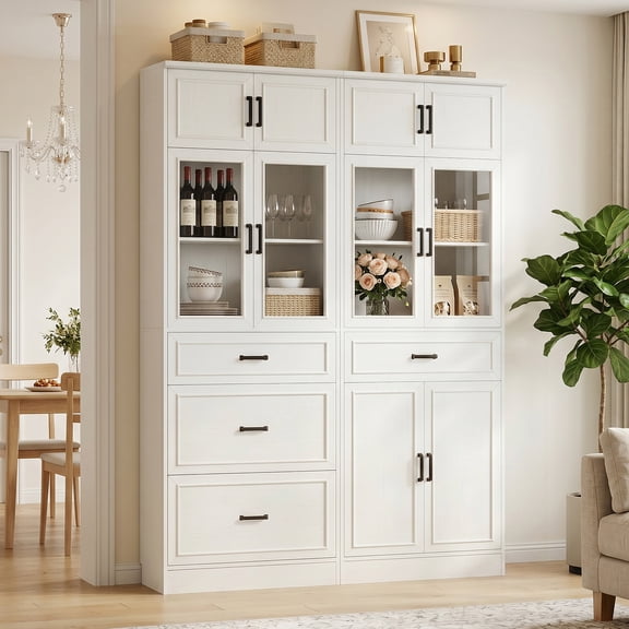 Homieasy 80" Tall Kitchen Pantry Cabinet Sets with Glass Doors, Adjustable Shelves & Drawers - Freestanding Storage Cupboard for Kitchen, Dining Room, Living Room, Bathroom,White