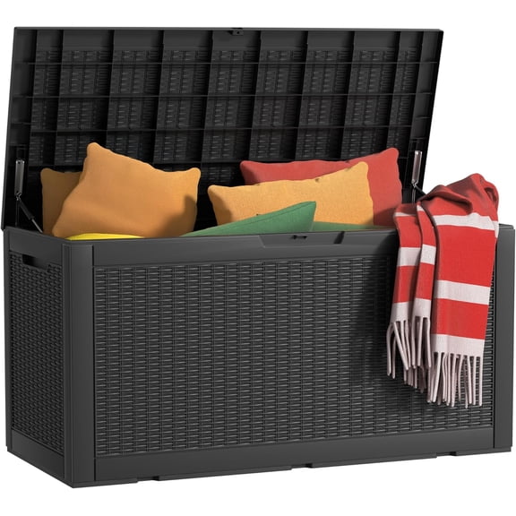 120 Gallon Outdoor Storage Box Waterproof, UV Resistant Resin Deck Box with Hydraulic Rod, Reinforced Stability for Patio, Garden, Rattan Black