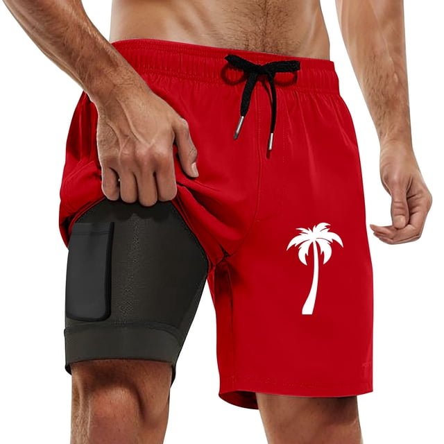Mens Cargo Shorts Swim Trunks Compresssion Liner Inseam Board Shorts Bathing Suit With Pockets Running Shorts Red S