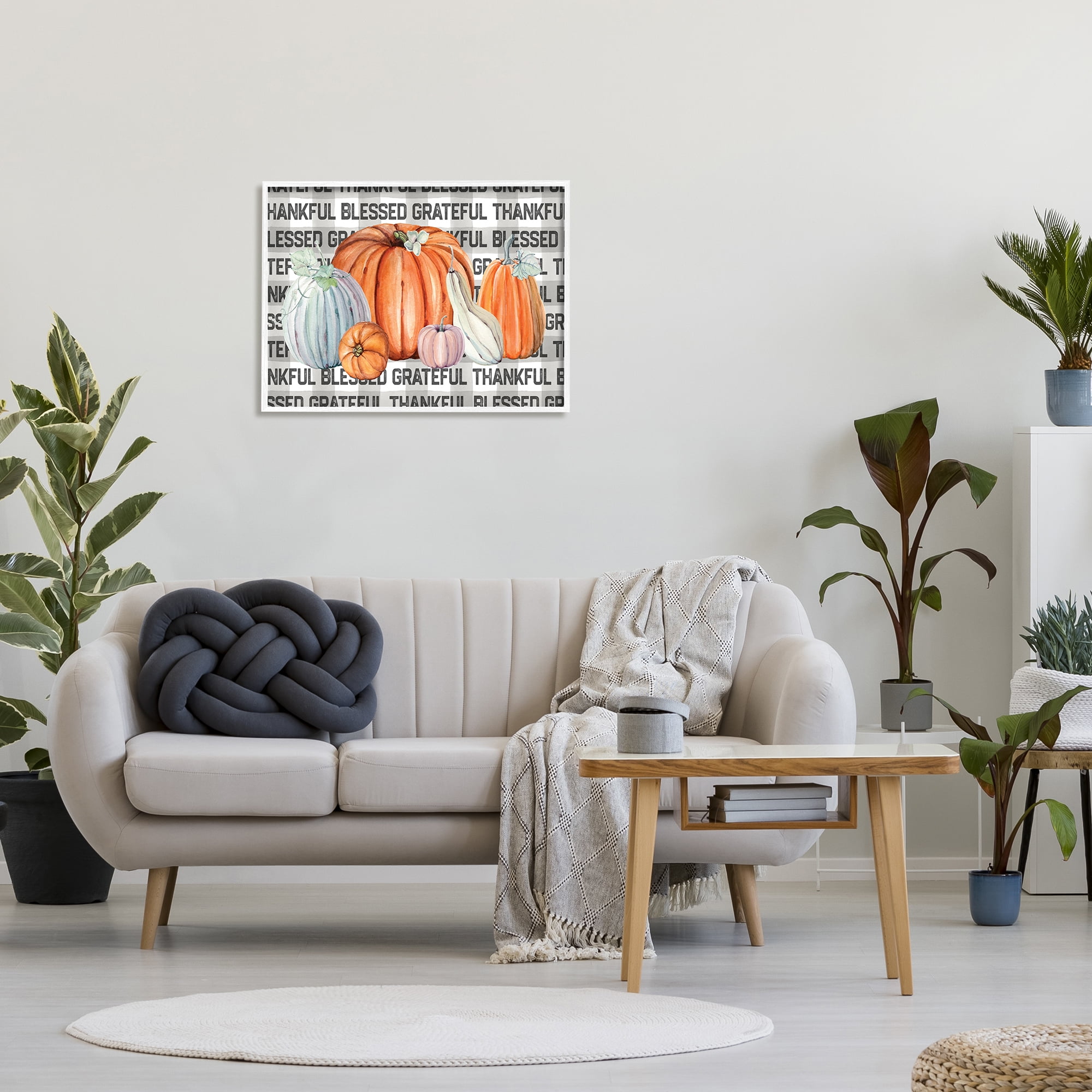 Stupell Industries Thankful Grateful Blessed Typography Grey Plaid Farm Pumpkins, 24 x 30, Designed by Valerie Wieners
