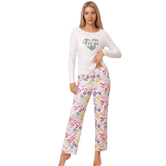 Women's pajama set with long sleeves and long pants, featuring printed design, suitable for home use and casual wear, can be worn outside as well.