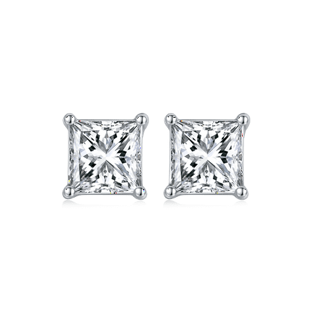 TwoBirch 1 Carat Princess Moissanite Stud Earrings (4.5 x 4.5 mm, GRA Certified) set in Platinum Plated Silver