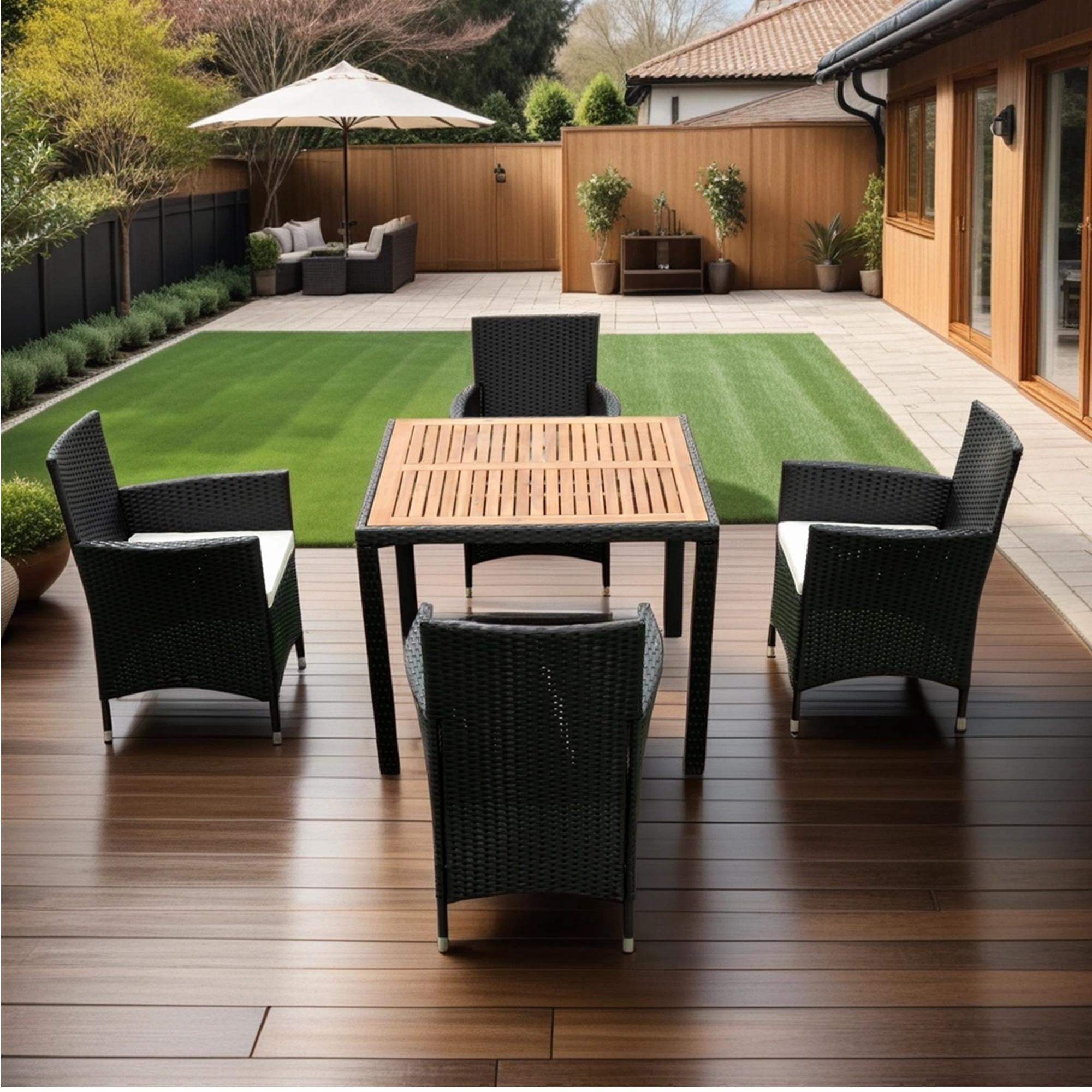 Seizeen Outdoor Dining Table Set 5 Pieces, Patio Rattan Dining Table & Chair w/ Wooden Top & Padded Cushions, Deck Furniture Conversation Set for Garden Porch Backyard