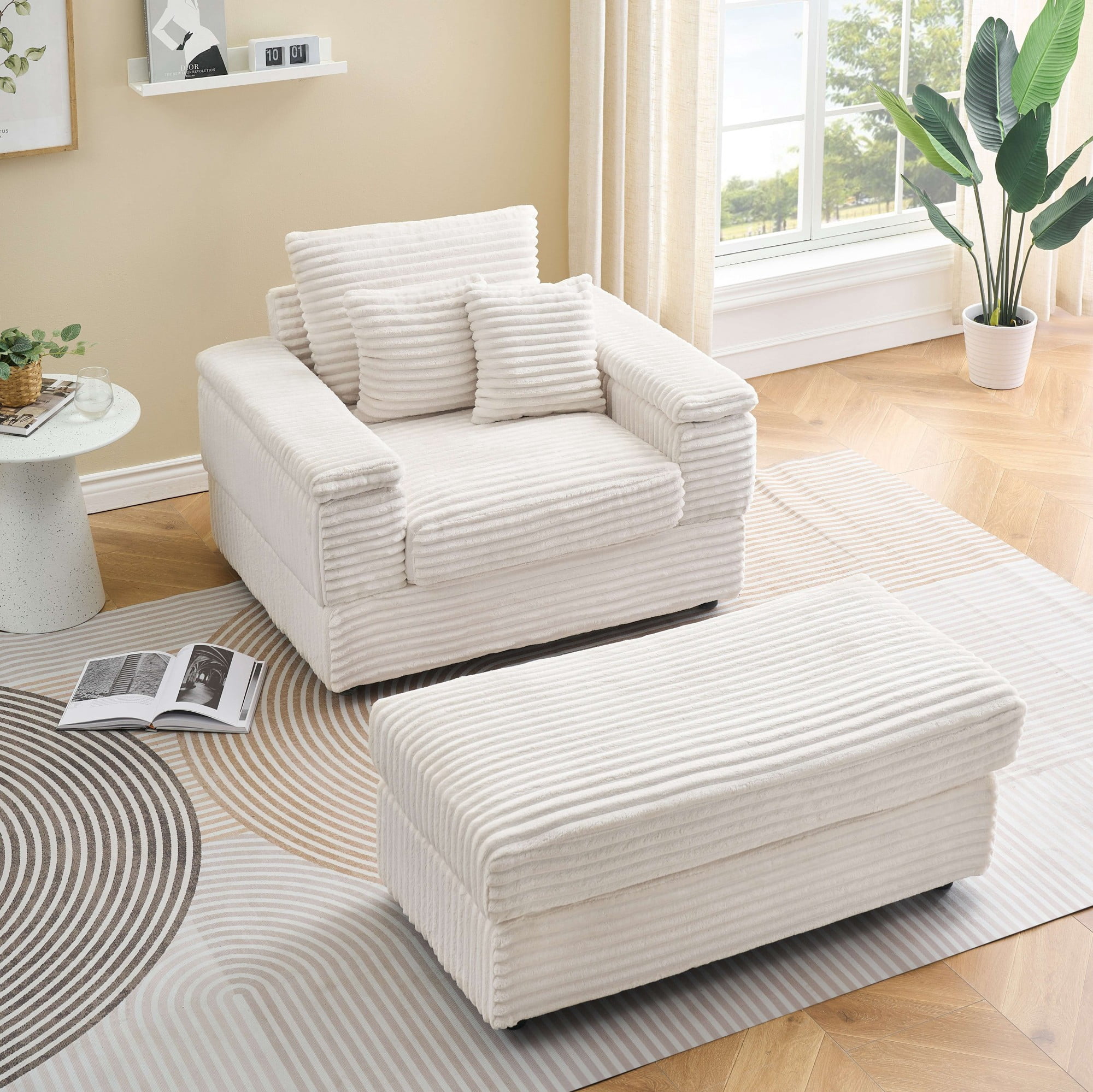 Chaise Lounge Chair Indoor,Upholstered Sofa Bed with Throw Pillows,Sleeper Chair for Living Room,Bedroom,White