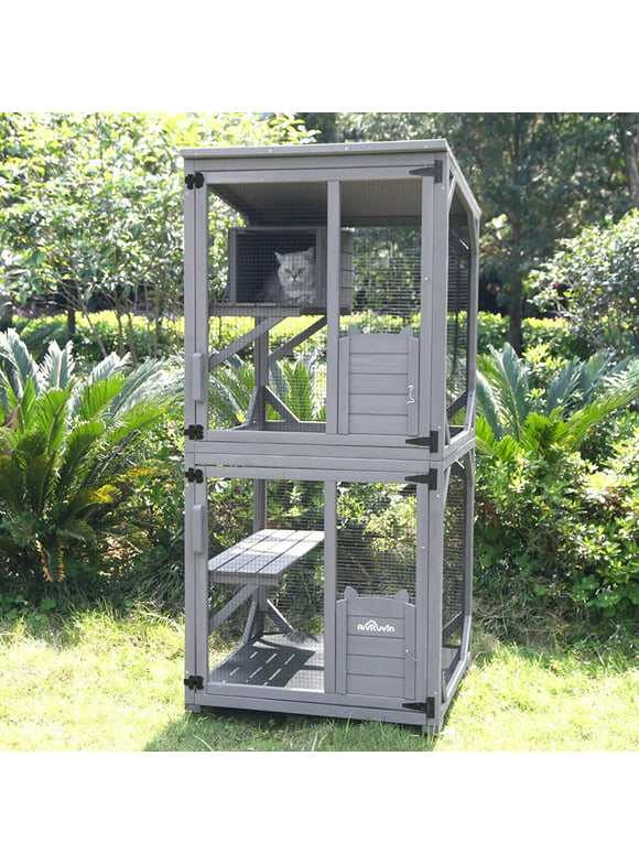 Aivituvin Catio Outdoor Cat House Wooden Cat Enclosure Resting Box with 3 Platforms, 71 inch Kitten Condo
