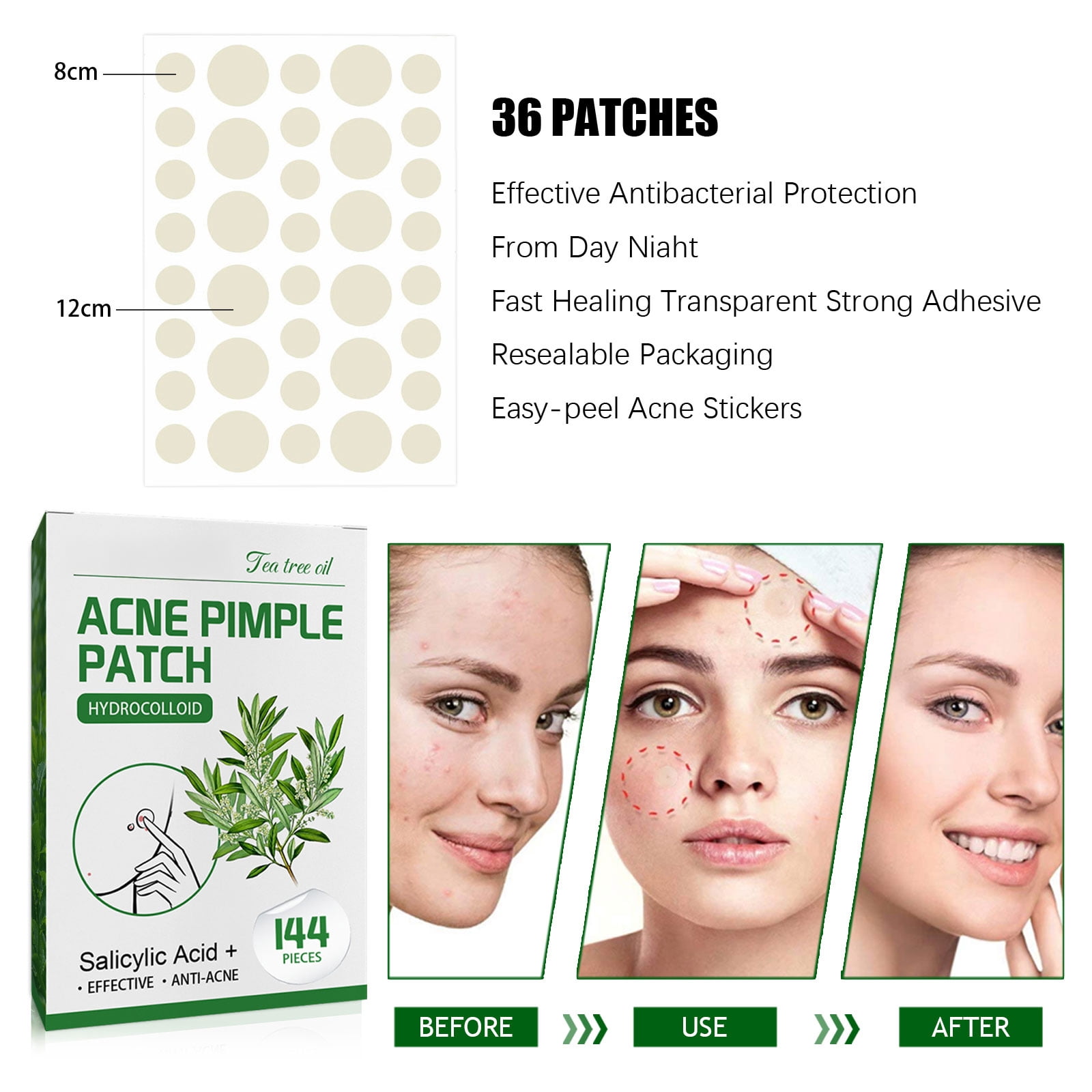 Alvantor Invisible Tea Tree Oil Hydrocolloid Pimple Patches for Face, 144pcs - Waterproof & Breathable