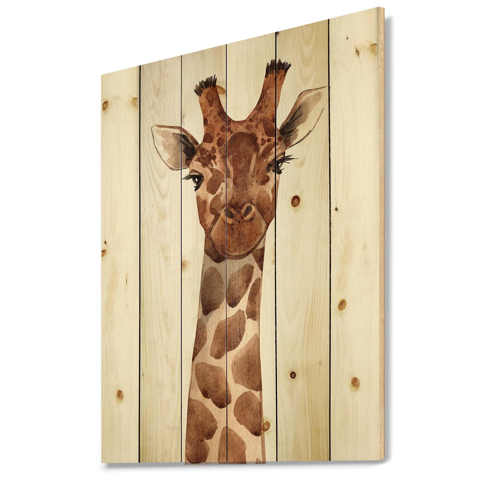 Designart 'Close Up Portrait of A Giraffe XI' Farmhouse Print on Natural Pine Wood