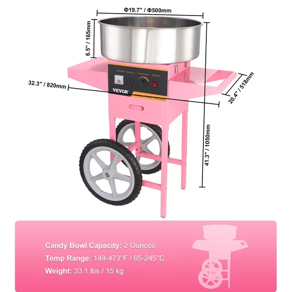 Commercial 1000W Electric Cotton Candy Machine with Cart Stainless Steel Bowl Sugar Scoop Drawer for Home Kids Birthday Family Party Pink