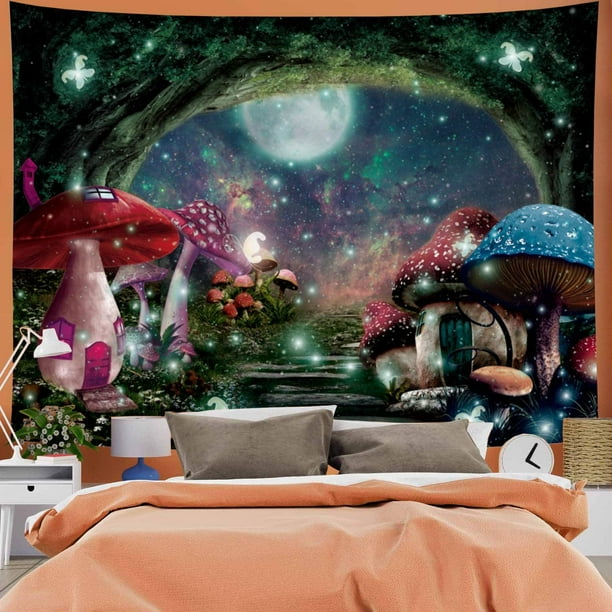 Mushroom Castle Tapiz Galaxy Moon Stars Tapiz Bosque misterioso Árbol Tapiz Fantasía Cuento de hadas Tapiz Colgante de pared para dormitorio Adepaton CZJJ-ST38-1