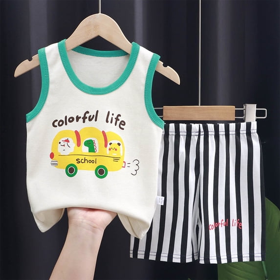Quealent Unisex Toddler Kids 2-Piece Summer , Cartoon Print Sleeveless Tank Top + Elastic Waist Shorts Set (White, 4-5 Years)