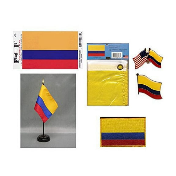 Colombia Heritage Flag Pack - Includes a Colombian 3x5' Flag, Vinyl Flag Decal, One Single & One Double Friendship Flag Lapel Pin, Miniature Desk Flag with Stand & One Iron-On Flag Patch