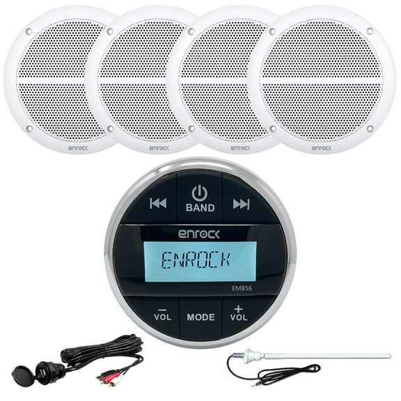 Enrock Multimedia Gauge Style Marine Grade Bluetooth Receiver, 4 x Enrock 2-Way 6.5" Weather-Resistant Full-Range Speakers (White), Auxiliary Interface Mount, Radio Antenna