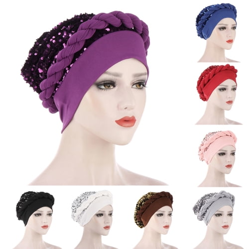 Cheers.US African Women Turban Cap Beaded Headscarf Beanie Twisted Braid Hat Headwrap Elastic Breathable Shiny Sequins Braid Wrap