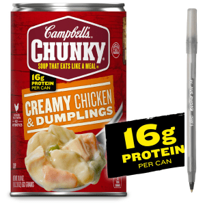 Campbell's Creamy Chicken and Dumplings Soup with pen